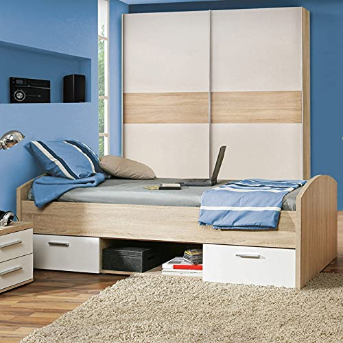 FORTE Winnie Jugendbett, Liegefläche 90 x 200 cm, Holzwerkstoff, Sonoma Eiche / Weiß, B x H x T: 96 x 65 x 206,4 cm