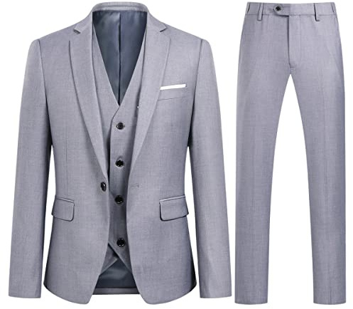 Sliktaa Men's 3 Pieces Suits Formal One Button Notched Lapel Businees Wedding Suit Blazer Trousers and Waistcoat,Light Grey,L