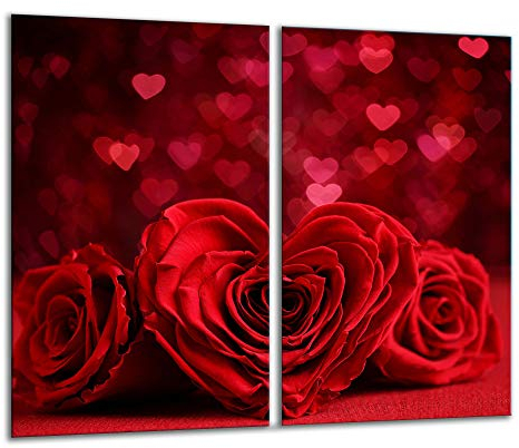 QTA | Lot de 2 plaques de recouvrement universelles pour plaques vitrocéramiques à induction 2 x 30 x 52 cm Protection anti-éclaboussures en verre rouge rose cœur