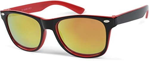styleBREAKER Occhiali da sole Nerd Kids Nerd con montatura in plastica e lenti in policarbonato, design classico retrò 09020056, colore:Montatura Nero-Rosso/Vetro Arancione-Rosso munito di specchi