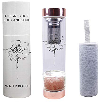 AITELEI Bouteille d'eau de gemme infusée d'élixir de cristal avec infuseur de thé, passoire à thé de bouteille d'eau en cristal avec des cristaux amovibles pour le bien-être du chakra - 15 oz
