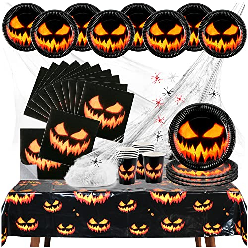com-four® 38-teiliges Halloween Tischset - Deko-Set mit Spinnennetz, Spinnen, Bechern, Teller, Servietten und Tischtuch für Halloween und Mottoparty [Auswahl variiert] (Kürbis 2 - 38 Teile)