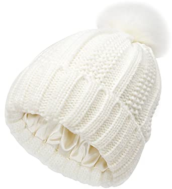 TOEECY Gorros Invierno Mujer Cálido Sombrero de Punto con Pompón de Piel Sintética Suave Grueso Gorra Tejida de Satén Forrado Proteger el Peinado Moda Cómodo Slouchy Bobble Beanie (Blanco)
