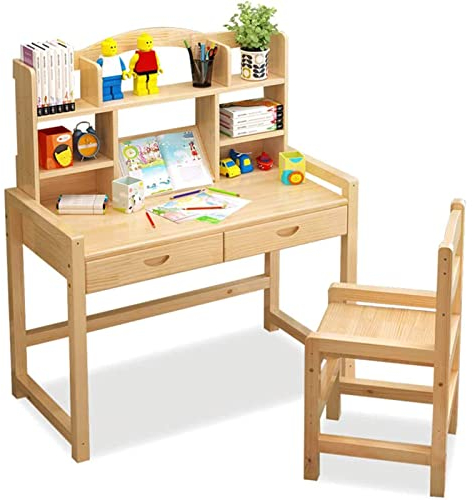 OLOTU Höhenverstellbares Kinderschreibtisch- und Stuhlset, 5-stufig Verstellbarer Arbeitsschreibtisch aus Massivholz, 3-stufig Verstellbarer Stuhl für Schlafzimmer