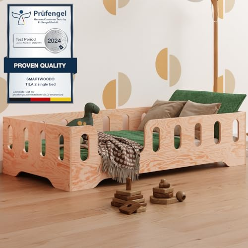 smartwood Golvsäng 100x200 - Montessori Barnsäng i trä med FSC-certifikat - TILA 2L med fallskydd och ribbotten, belastningsbar upp till 230 kg - Enkel montering