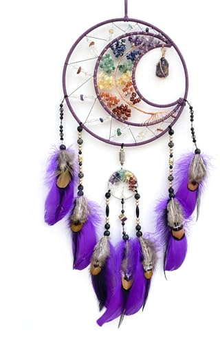 RAGKUU Purple Large Dream Catcher Wall Decor Crystal Tree of Life Dream Catchers with Stone Pendant Handmade Feather Dreamcatcher Wall Hanging Ornament for Bedroom Living Room Home Decor