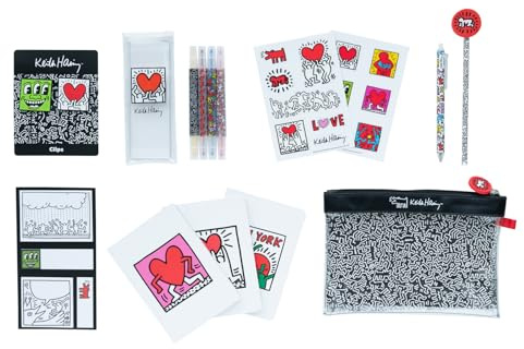 Grupo Erik - Set de Papeterie Keith Haring | Inclut : 1 Stylo Bille, 1 Crayon de Papier, 4 Surligneurs, 2 Trombones, 3 Carnets A6, des Stickers | Papeterie Kawaii
