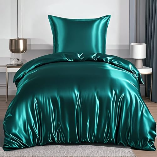 RUIKASI Satin Bettwäsche 155x220 Grün - Luxus Bettbezug mit Glanz wie Seiden Bettwäsche Set Dunkelgrün für Haar und Haut, Glänzend Bettwäsche 155x220cm mit Reißverschluss und Kissenbezug 80x80cm