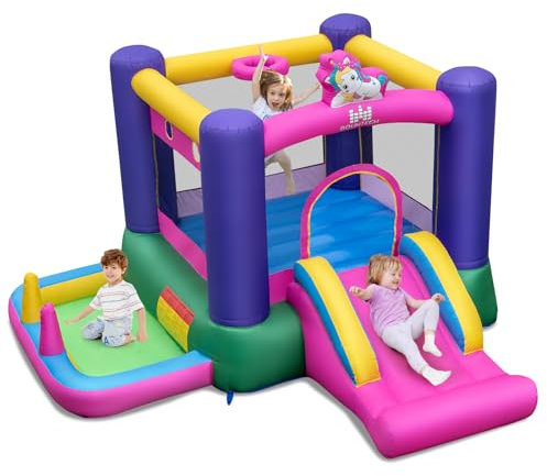 COSTWAY Castello Gonfiable 6 in 1 per Bambini con Scivolo, Castello Gonfiabile con Trampolino, Piscina e Canestro Basket, Gioco Gonfiabile da Interno ed Esterno, per Bambini da 3 a 12 Anni