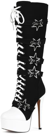 Feinlina Women's Canvas Knee High Round Toe Boots Y2K Gothic Punk Lace Up Platform Stiletto Heels Club Party Booties with Star Buckle,Black