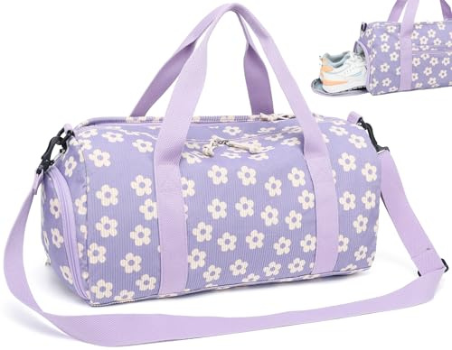 LOIDOU Sporttasche Reisetasche Frauen Mädchen Jungen Sporttasche mit großem Schuhfach Nassfach Sport Reisetasche Trainingstasche Schwimmtasche für Reise Gym Yoga (Lila beige kleine Blume)