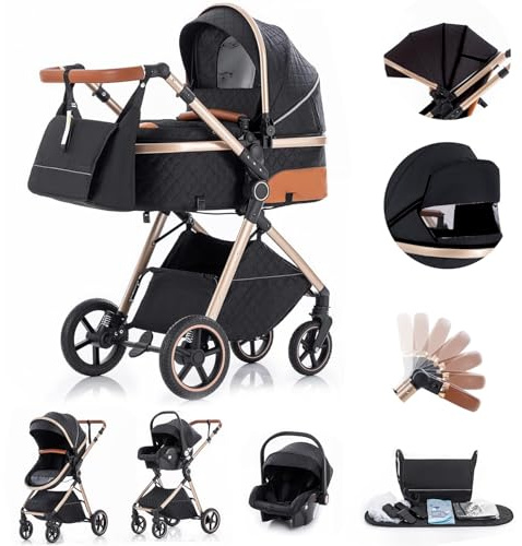 Gcarebb Passeggino 3 in 1, Passeggini Combinati Con Seggiolino Auto, Passeggino Con Maniglia Regolabile in Altezza, Design Orizzontale, Telaio in Alluminio, Adatto per Neonati