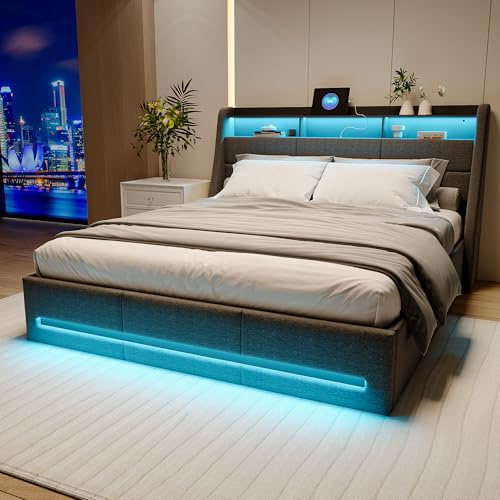 LIVLUX Lit Coffre 140x190 avec sommier LED et USB,Lit Double rembourré avec Rangement hydraulique,lit 2 Personnes pour Adultes et Adolescents,Lin (Gris Clair, 140 x 190 cm)