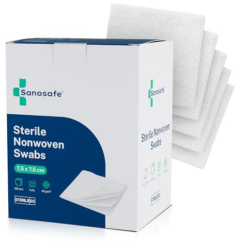 Sanosafe Garze Sterili 7,5x7,5 cm 100 pezzi | Garza in tessuto non tessuto per medicazione | Morbide, assorbenti e senza pelucchi