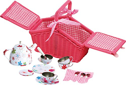 small foot Picknickkorb Bunte Blumen aus Rattan in Pink, mit Blechgeschirr in Blumenmuster, 20-tlg., ab 3 Jahren, 9980