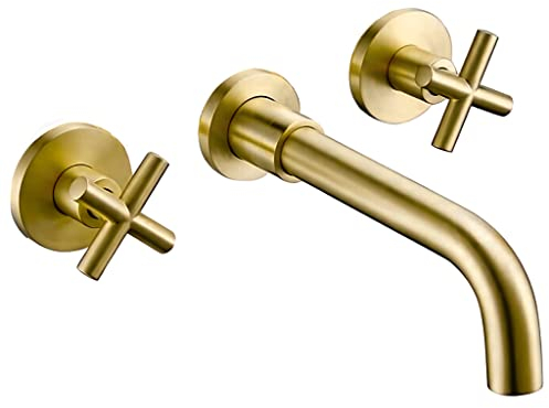VALAZ Robinet Salle Bain Mural | Double Commande, Mélangeur Eau Froide et Chaude, Pas de Fuites, Installation Facile et Rapide | Laiton, Inoxydable, Élégant, Doré Brossé, Rond, Bec 21 cm, Série Nalon