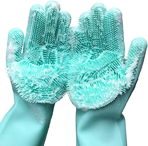 Yinceber Silicone Dishwashing Gloves, Pet Grooming Rubber Scrubbing Gloves for Dishes, Sponge Wash Cleaning Glove with Scrubbers for Housework, Bathroom, Kitchen, Car, Pets, 1 Pair, 13.6 Large
