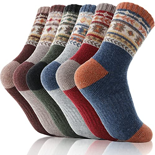 EBMORE Kids Merino Wool Hiking Socks Boys Toddlers Girls Winter Thermal Thick Warm Boot Cushion Ski Snow Gift Socks Stocking Fillers 6 Pairs (Nordic, 12-15 Years)