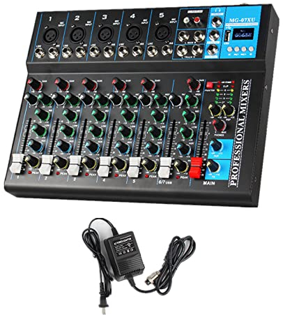 Mezclador DJ 7 Canales, Mezclador de Audio USB Fuente de Alimentación Fantasma 48V, Consola de Mezclador de Grabación para Ordenador Micrófono Reproductor Mezclador de Audio para Live Studio Escena