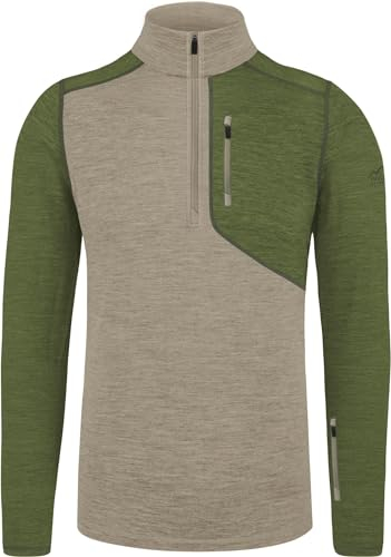 normani Herren Premium Merino Outdoor Langarm-Shirt Longsleeve mit Reißverschluss, 100% Merinowolle Pullover mit 1/4 Zip Farbe Khaki/Grün Größe XL/54