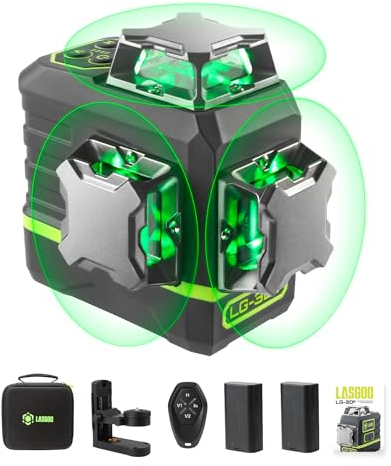 LasGoo Laser Level Self Leveling 360°x3 Green Cross Line Laser Tool for Construction and Picture Hanging, Remote Controller, Professional Magnetic Rotating Stand, 2 Rechargable Batteries - LG-3Ds