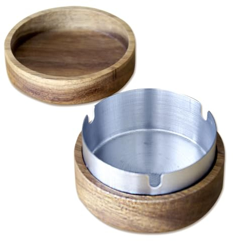 DECCARO Elegante posacenere in legno Acacia con coperchio rimovibile e inserto in metallo