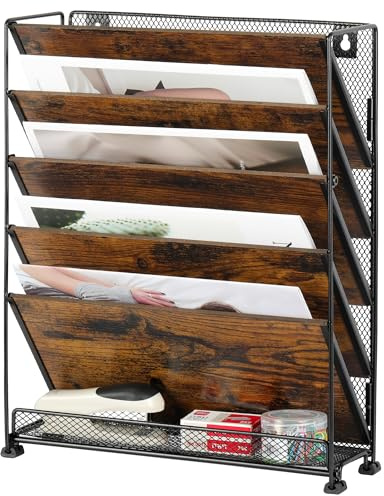 Solinxe Revistero Pared Metálico 6 Niveles - Organizador de Escritorio Documentos A4, Archivador Oficina con Bandeja, Porta Revistas y Carpetas Colgantes para Hogar/Escuela (Negro/Antiguo)