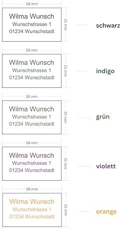 500 personalisierte Adressaufkleber - 38x21 mm - individualisiert - Adressetiketten - Klebeetiketten für Briefe, Bücher, Schulmaterialien etc. - schwarz indigo grün violett orange (schwarz, 500 Stück)