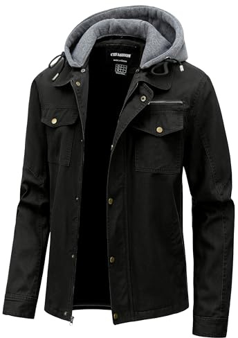 CTFASHION Jacket for Men Fall Men's Spring Cotton Military Jackets Thick Work Coats Warm Cargo with Hooded Black Large