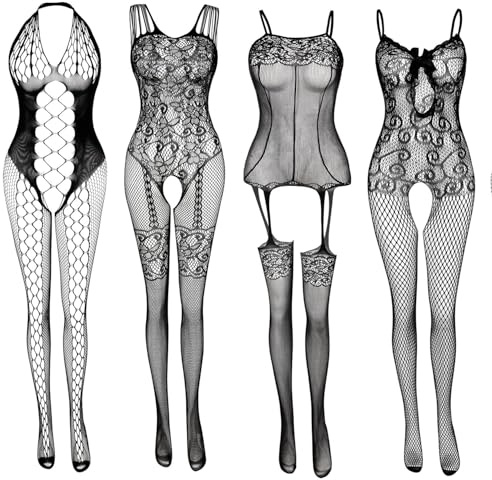 4 Pack Fishnet Lingerie for Women Fishnet Bodysuit Sexy Outfits Body Stockings Full Body Lingerie Sets Bodystocking Fishnet Body Stockings Full Body Womens Nightwear Black Lace Bodysuits Valentines