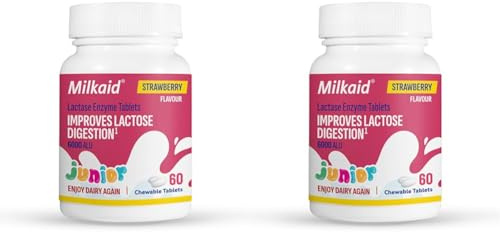 Milkaid Junior Lactase Enzyme Chewable Tablets for Lactose Intolerance Relief, Prevents Gas, Bloating & Diarrhoea, Fast Acting Dairy Digestive Supplement, Gluten Free & Vegan, 60 Count (Pack of 2)