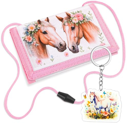 Brustbeutel Kinder, Dreifach Gefaltete Geldbörse mit Schlüsselanhänger, Kinder Portemonnaie für Jungen & Mädchen, Kindergeldbörsen Einschulung Geschenk, Geldbeutel zum Umhängen (Pferd)