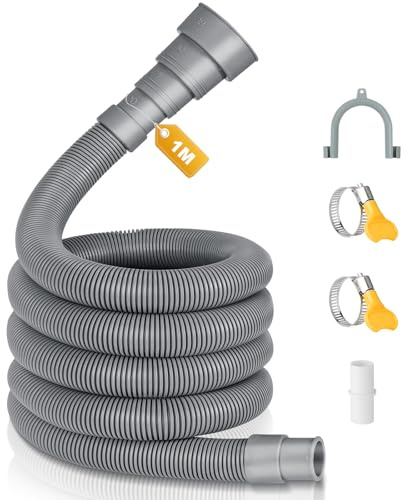 Cozary Manguera Lavadora, 1M Tubo Desague Lavadora Universal, con Conector y Abrazadera, Soporte en U, Para Manguera Lavadora y Lavavajillas