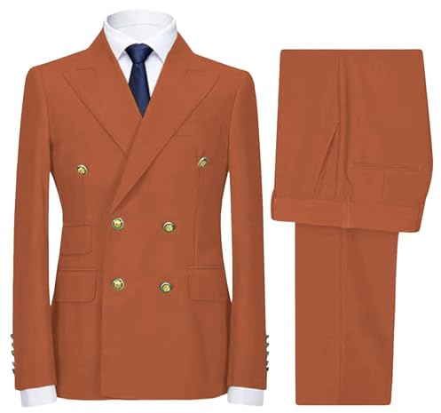 Costume Deux pièces Homme croisé, Coupe Slim, idéal pour Affaires, Mariage, Bal de Promo, Smoking, Veste et Pantalon, Orange, Taille Moyenne
