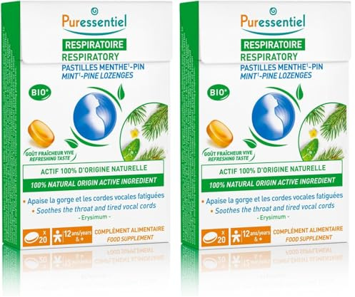 Puressentiel - Respiratoire - Pastilles Menthe Pin - A l'extrait d'Erysimum - Apaise la gorge et cordes vocales fatiguées - 20 pastilles (Lot de 2)