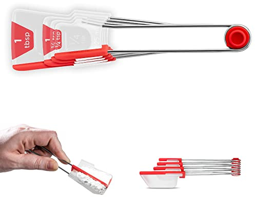 Dreamfarm Levoons Self-Levelling Measuring Spoon Set, Measures 1/4 Teaspoon up to 1 Tablespoon - Pack of 4, Red