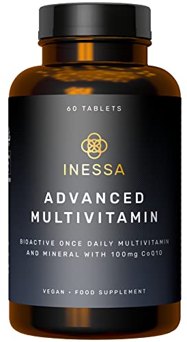 Inessa Multivitamin with CoQ10 100mg, Vitamin D3 2000 IU, K2 100mcg, B Complex, Vitamins A 800mcg, Folic Acid as 5-MTHF 400mcg, Zinc 20mg and Lutein