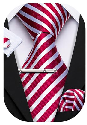 Barry.Wang Men Tie Stripe Plaid Silk Ties Pocket Sqaure Cufflink Tie-Clip 4PCS Set Classic Business Wedding Necktie