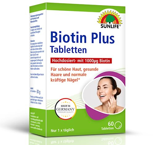 SUNLIFE Biotin Plus 1000 Tabletten - 1 x 60 Stück - Biotin hochdosiert mit Vitamin C & Zink - hochwertige Biotin Zink Tabletten - gluten- & laktosefreie Haar & Nägel Tabletten zur täglichen Anwendung