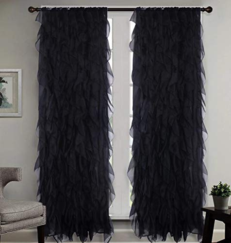 Sapphire Home Cascade Curtain Panels - Ruffled Curtains for Bedroom, Sheer Voile Panels with Vertical Ruffles, Perfect Room Decor, Lush, Pretty & Romantic, Ruffle Curtains 2 Panels, Cascade 84 Black