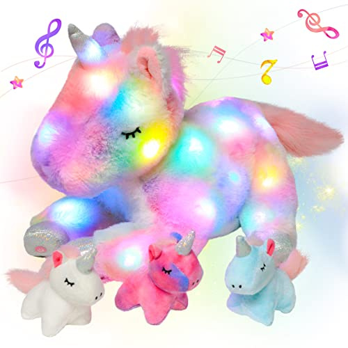 Hopearl Licorne Maman Musicale Peluche Lumineuse LED Qui Chante avec 3 Bébés Licornes dans Son Ventre Veilleuse Animée Apaisante - Cadeau Fête des Mères Filles, Arc-en-Ciel, 48cm