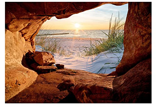 Fleece fototapet 3D-effekt strand hav Östersjön grotta natur inkl. lim vardagsrum sovrum moderna motiv tapeter väggtapet tapet fibertapet UV-resistent monteringsklara (208 x 146 cm – 2 paneler)