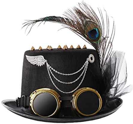 Unisex Halloween Gotisch Steampunk Zylinder Hut mit Brille Karneval Feder Kopfbedeckung Showgirl Stirnband Cosplay Zubehör(58cm/22.83 inches,Schwarz)