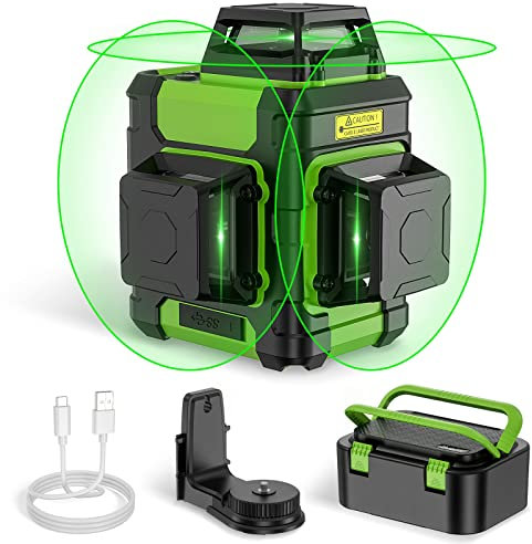 Laser Level 360, Huepar Green 3D Lazer Level Self-Leveling Outdoor 12 Lines Laser Cross Line Laser Three-Plane Leveling with Pulse Mode, Rechargeable Li-ion Battery, Magnetic Bracket, Hard Carry Case