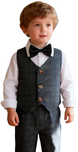 Mintgrön pojkar gentleman smoking kostym långärmad skjorta + väst + byxor + slips för festlig dop bröllop, marinblå, 4-5 år