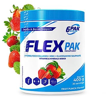6Pak - Flex Pak - Collagène hydrolysé + MSM + Glucosamine Suplhate - Vitamines et minéraux - Soutien des articulations et des os - 400 g de poudre - Goût : (fraise)