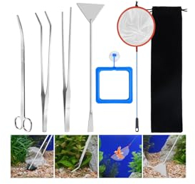 Edelstahl Aquarium Aquascaping Set 7 Stück Aquarium Tools, 4 in 1 Aquarium Schere Zangen Spatel Pinzette mit Aufbewahrungsbeutel und Fischnetz für Fische Wasserpflanzen