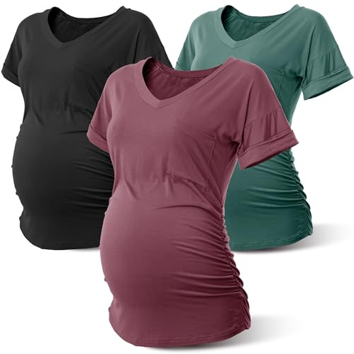 Rnxrbb Summer Maternity T Shirts Short Sleeve Pregnancy Tops Clothes V Neck for Pregnant Women 3 Pack,22 VS-Black&Teal&Purple red L