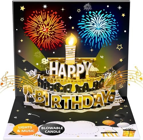 INPHER UPGRADED DIY Age Birthday Cards Fireworks Pop Up Cake Light and Music Black and Gold Happy Birthday Card Gift for Husband, Men, Women, Mom, Grandma