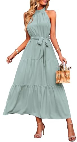 PRETTYGARDEN Women's Summer Maxi Sun Dress Sleeveless Halter Neck Flowy Ruffle Hem Long Boho Dresses with Belt (Solid Light Green,Small)